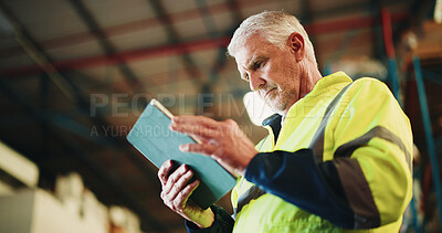 Buy stock photo Tablet, reading and mature man in warehouse with email for cargo information with supply chain. Digital technology, industry and logistics manager with online inventory for stock delivery from below