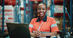 Laptop, shipping and portrait with black woman in warehouse for delivery, floor supervisor and logistics. Distribution manager, online cargo checklist and export sourcing with person in factory