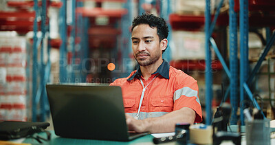 Buy stock photo Logistics, laptop and typing with man in warehouse for quality assurance, cargo and shipping. Inventory manager, online inspection checklist and distribution with person in factory for delivery