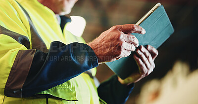 Buy stock photo Tablet, hands and logistics worker in warehouse with email for cargo information with ecommerce. Digital technology, industry and male supply chain manager with online inventory for stock from below.