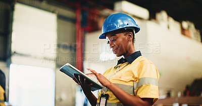 Buy stock photo Tablet, industry and black woman in warehouse with email for cargo information with supply chain. Digital technology, export and African logistics manager with online inventory for stock delivery.