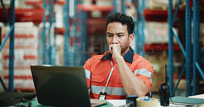 Buy stock photo Laptop, cargo and reading with man in warehouse for delivery procurement, thinking and logistics. Distribution reflection, online shipping checklist and export idea with person in factory for vision