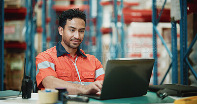 Buy stock photo Laptop, cargo and typing with man in warehouse for delivery procurement, floor supervisor and logistics. Distribution manager, online shipping checklist and export sourcing with person in factory