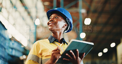 Buy stock photo Tablet, planning and black woman in warehouse with email for cargo information with supply chain. Digital technology, ideas and logistics manager with online inventory for stock delivery from below.