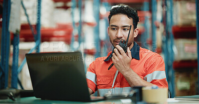 Buy stock photo Logistics, laptop and radio with man in warehouse for quality assurance, cargo and shipping. Inventory manager, online inspection checklist and communication with person in factory for delivery