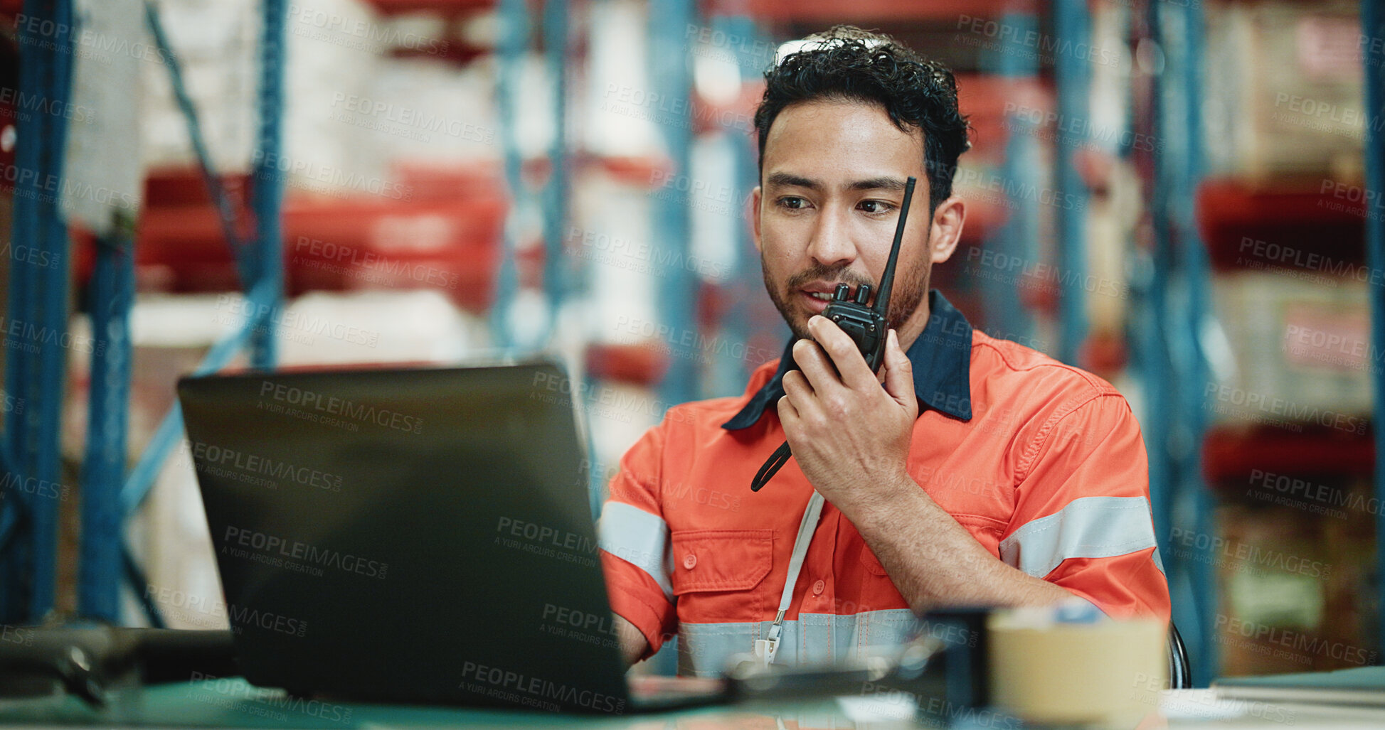 Buy stock photo Logistics, laptop and radio with man in warehouse for quality assurance, cargo and shipping. Inventory manager, online inspection checklist and communication with person in factory for delivery