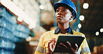 Black woman, tablet and warehouse inspection for logistics, checklist or scroll for inventory management. Person, tech and low angle with app, storage and bokeh for supply chain at distribution plant