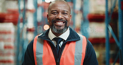 Buy stock photo Logistics, portrait and smile with black man in warehouse for quality assurance, cargo and shipping. Inventory manager, about us and distribution with mature person in factory for supply chain