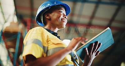 Buy stock photo Below, distribution and black woman in warehouse, tablet and smile with email for shipping schedule. African person, inspection report or employee in factory, tech or online order with app for export