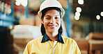 Happy woman, portrait or contractor with helmet in warehouse for shipping, logistics or storage. Female person, distributor or supplier with smile for freight, cargo distribution or inventory service