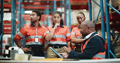 Buy stock photo Logistic, supervisor or team in warehouse with tablet, guide or inventory management of shipment. Distribution, collaboration or people with tech, order instruction or cargo checklist in supply chain