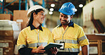 Happy people, warehouse or inventory with tablet for storage inspection or checklist in depot. Man, woman or employees with technology for shipping logistics, supply chain safety or quality assurance