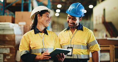 Buy stock photo Happy people, warehouse or inventory with tablet for storage inspection or checklist in depot. Man, woman or employees with technology for shipping logistics, supply chain safety or quality assurance