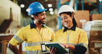 People, warehouse and inventory with tablet for storage inspection or checklist in depot. Man, woman or employees with technology for shipping logistics, supply chain safety or quality assurance