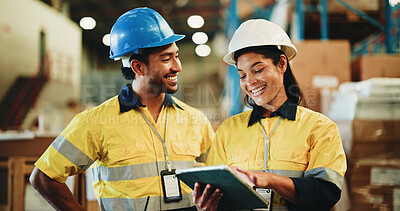 Buy stock photo People, warehouse and inventory with tablet for storage inspection or checklist in depot. Man, woman or employees with technology for shipping logistics, supply chain safety or quality assurance