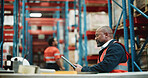 Supply chain, tablet and man in warehouse, internet and digital app for shipping schedule. Mature person, distribution and employee in factory, tech and quality control with logistics and connection
