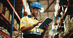 Man, tablet and scroll with inspection at warehouse, checklist or notes for inventory management. Person, tech and low angle with application, stock or solution for supply chain at distribution plant