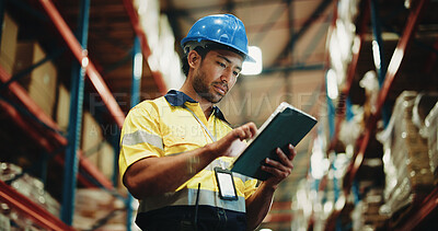 Buy stock photo Man, tablet and scroll with inspection at warehouse, checklist or notes for inventory management. Person, tech and low angle with application, stock or solution for supply chain at distribution plant