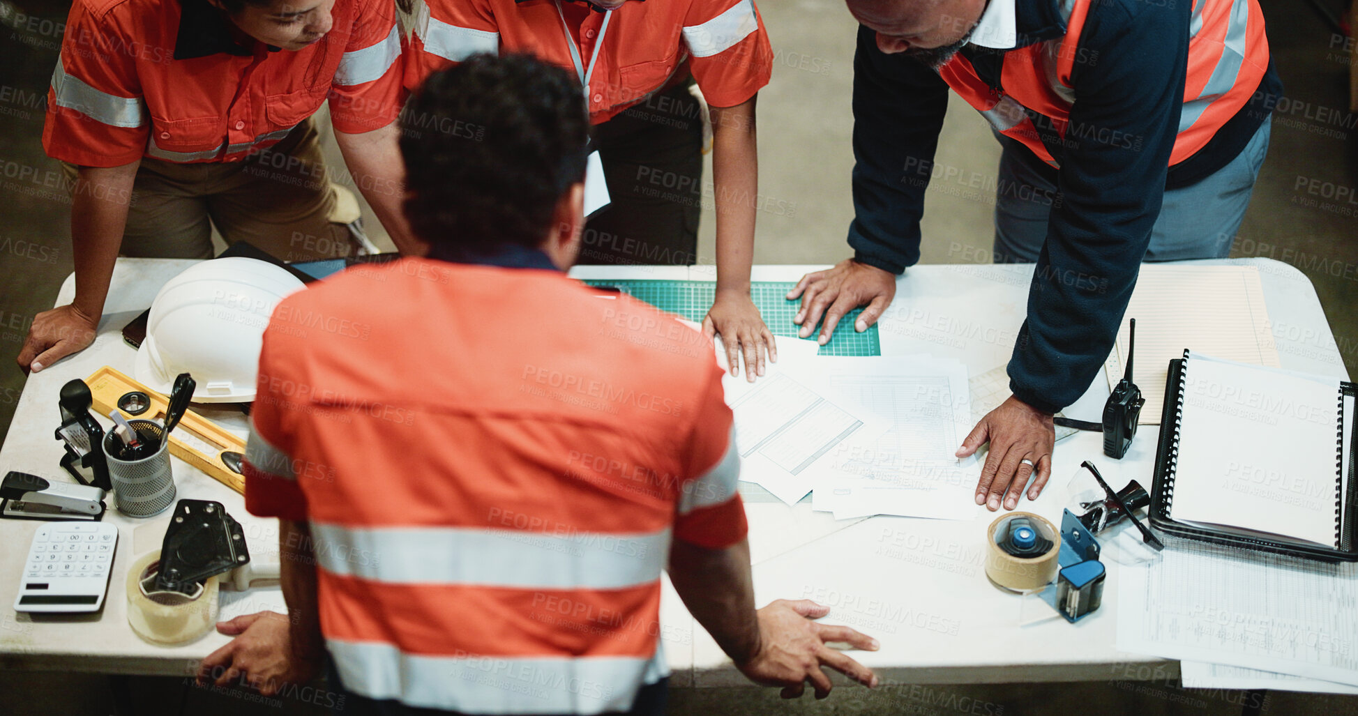 Buy stock photo Above, logistics or people at depot with paper, collaboration or order backlog in supply chain. Distribution, discussion or workers with documents, inventory management or teamwork in stock control.