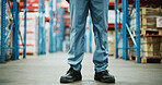 Supply chain, man and legs in warehouse for shipping inspection, quality assurance and dispatch. Person, employee feet and shoes in storehouse for distribution, logistics and inventory management.