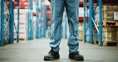 Buy stock photo Supply chain, man and legs in warehouse for shipping inspection, quality assurance and dispatch. Person, employee feet and shoes in storehouse for distribution, logistics and inventory management.