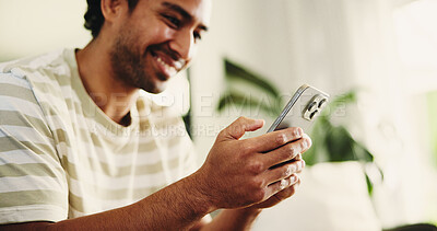 Buy stock photo House, smartphone and man on sofa, typing and social media with connection. Email notification, mobile user and person with cellphone, internet and network with online reading, website info and app