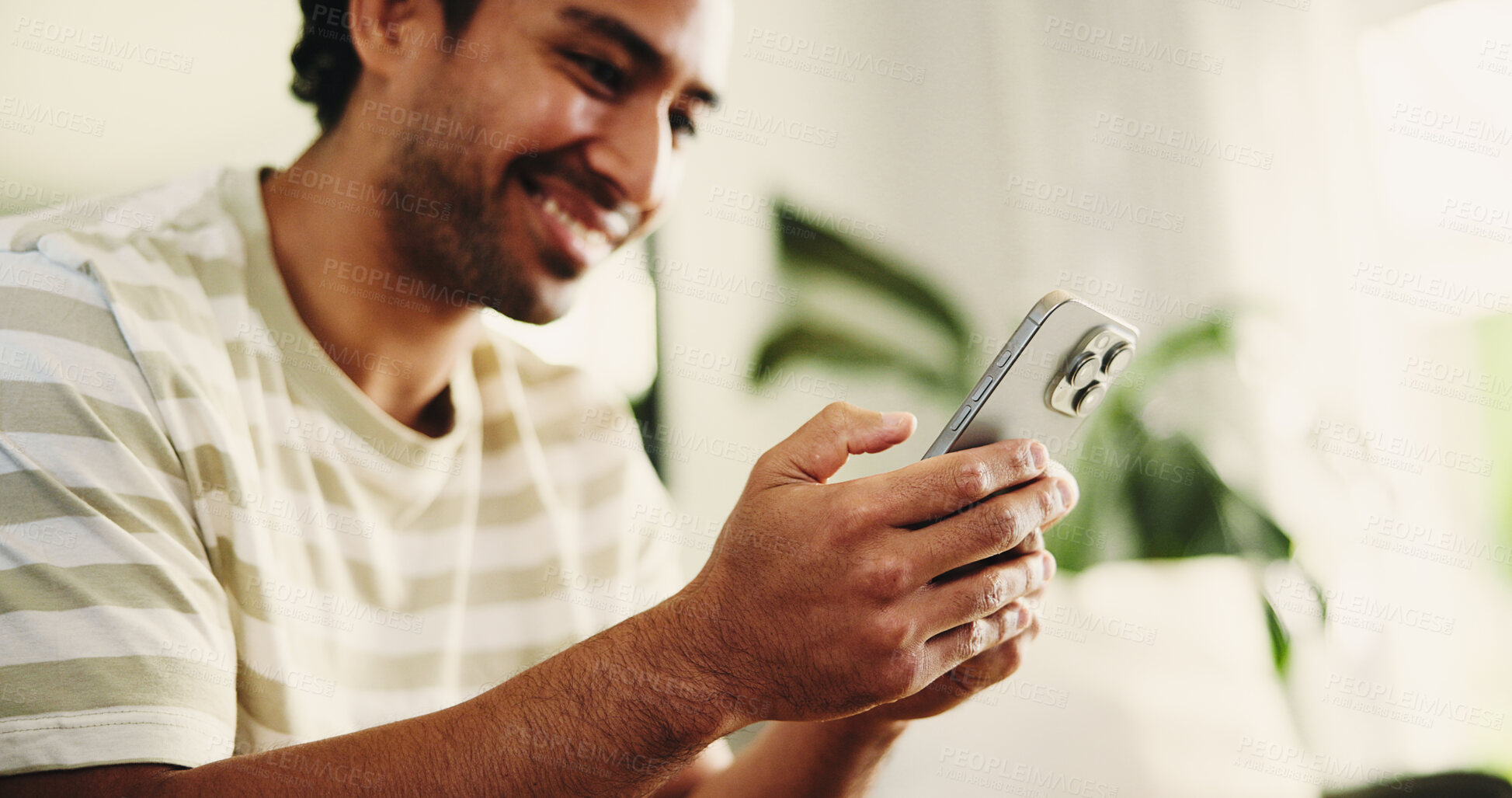 Buy stock photo House, smartphone and man on sofa, typing and social media with connection. Email notification, mobile user and person with cellphone, internet and network with online reading, website info and app