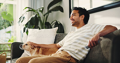 Buy stock photo Home, man and dog on couch, watching tv and smile with animal care, relax and remote. Apartment, pet owner and person with weekend break, companion and streaming channel with movie in living room