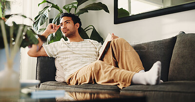 Buy stock photo Man, journal and thinking on sofa in house, daily reflection or idea notes to relax for creativity. Person, notebook for plan or inspiration for agenda in diary, to do list or goal setting in home