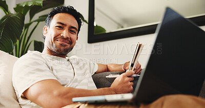 Buy stock photo Freelancer, portrait and man with laptop, home and journalism with notebook, confident and low angle. Creative, person and reporter with tech for story, remote work and pride for magazine publication