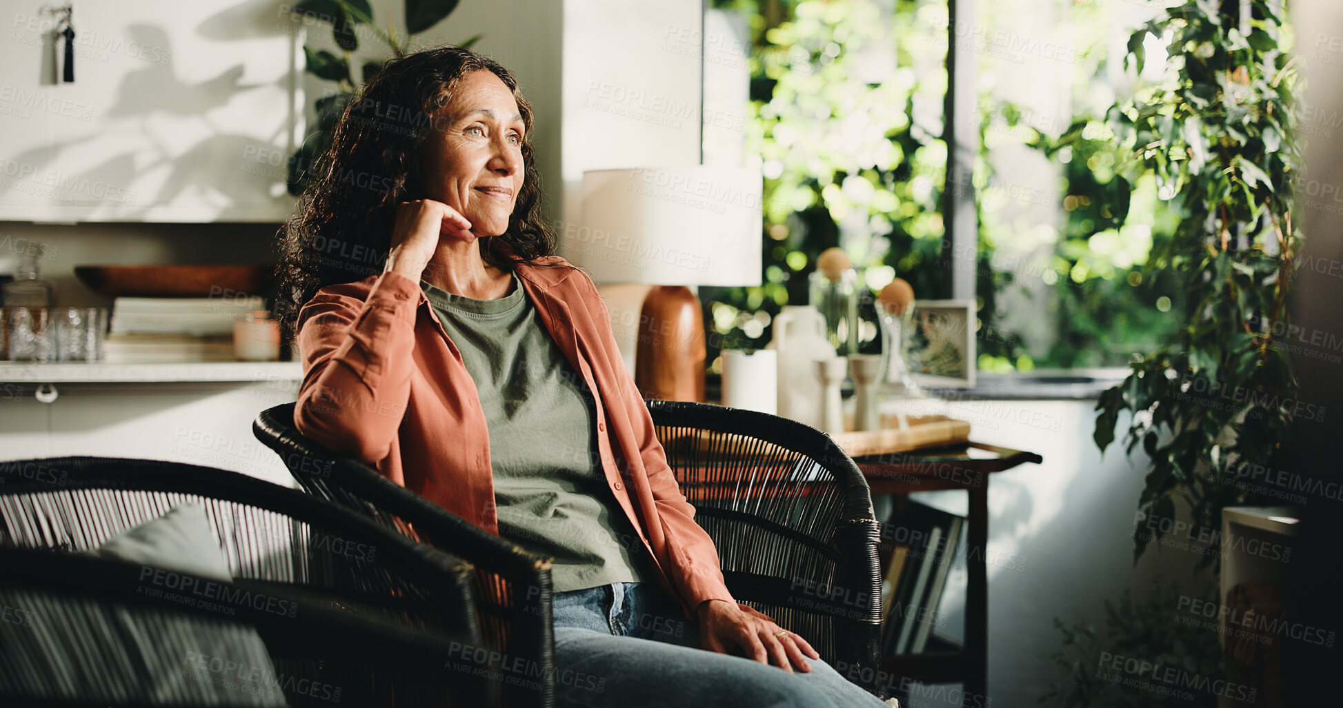 Buy stock photo Home, thinking and woman in lounge, relax and reflection with afternoon break. Memory, apartment and mature person in living room, contemplation and decision with moment, remember and comfortable