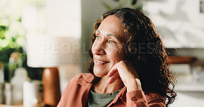 Buy stock photo House, thinking and woman in lounge, relax and reflection with afternoon break. Happy, comfort and mature person in living room, contemplation and decision with moment, remember and nostalgia