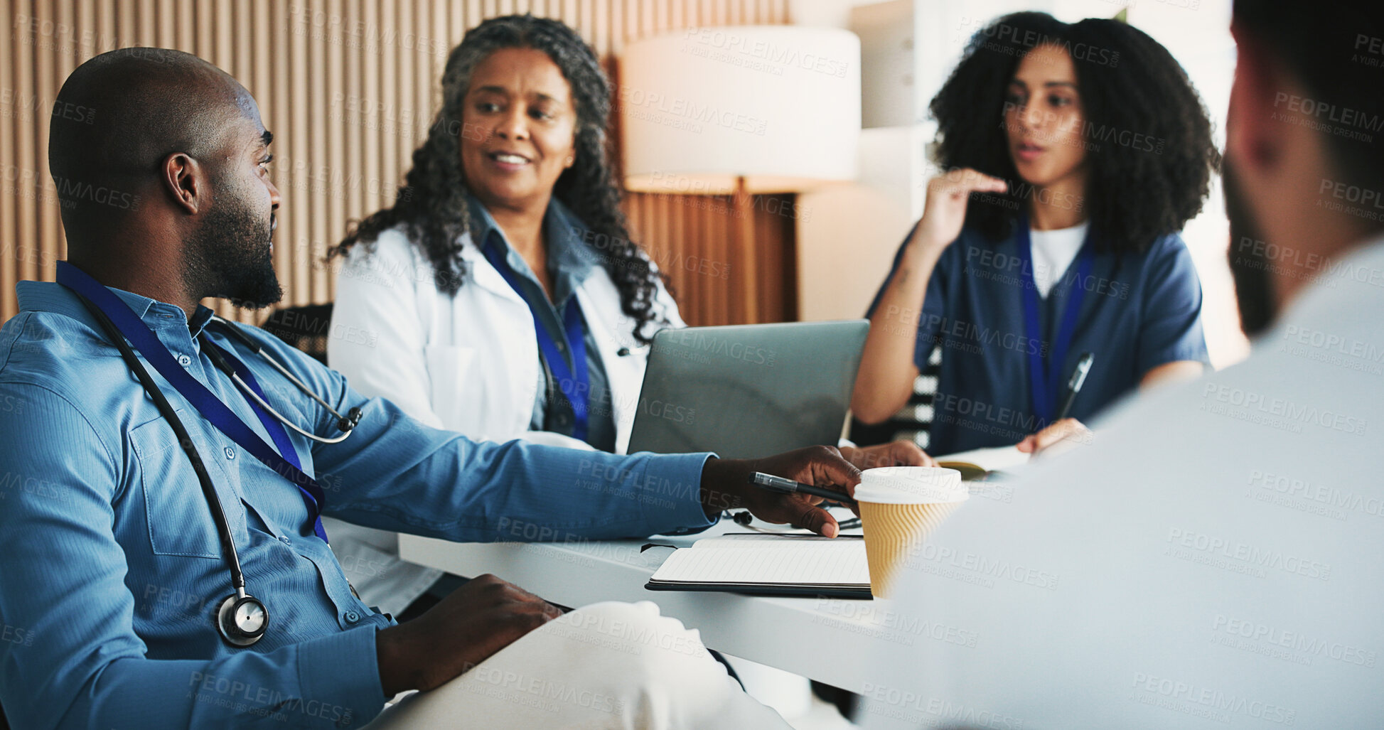 Buy stock photo Medical, meeting or people in hospital with laptop, team insight or patient review for treatment plan. Healthcare, collaboration or doctor with tech, group discussion or feedback for diagnosis