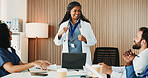 Happy, doctors and woman with laptop, boardroom and collaboration for treatment plan and discussion. Healthcare, speaker and meeting with tech for medical services, people and teamwork in clinic