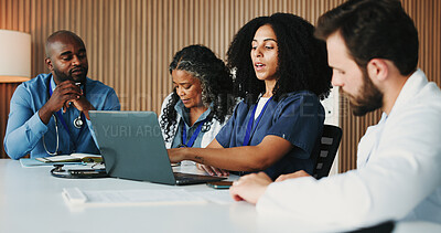 Buy stock photo Medical, meeting or surgeon in office with laptop, team insight or patient review for treatment plan. Healthcare, people or doctors with tech, collaboration or client diagnosis for hospital report.