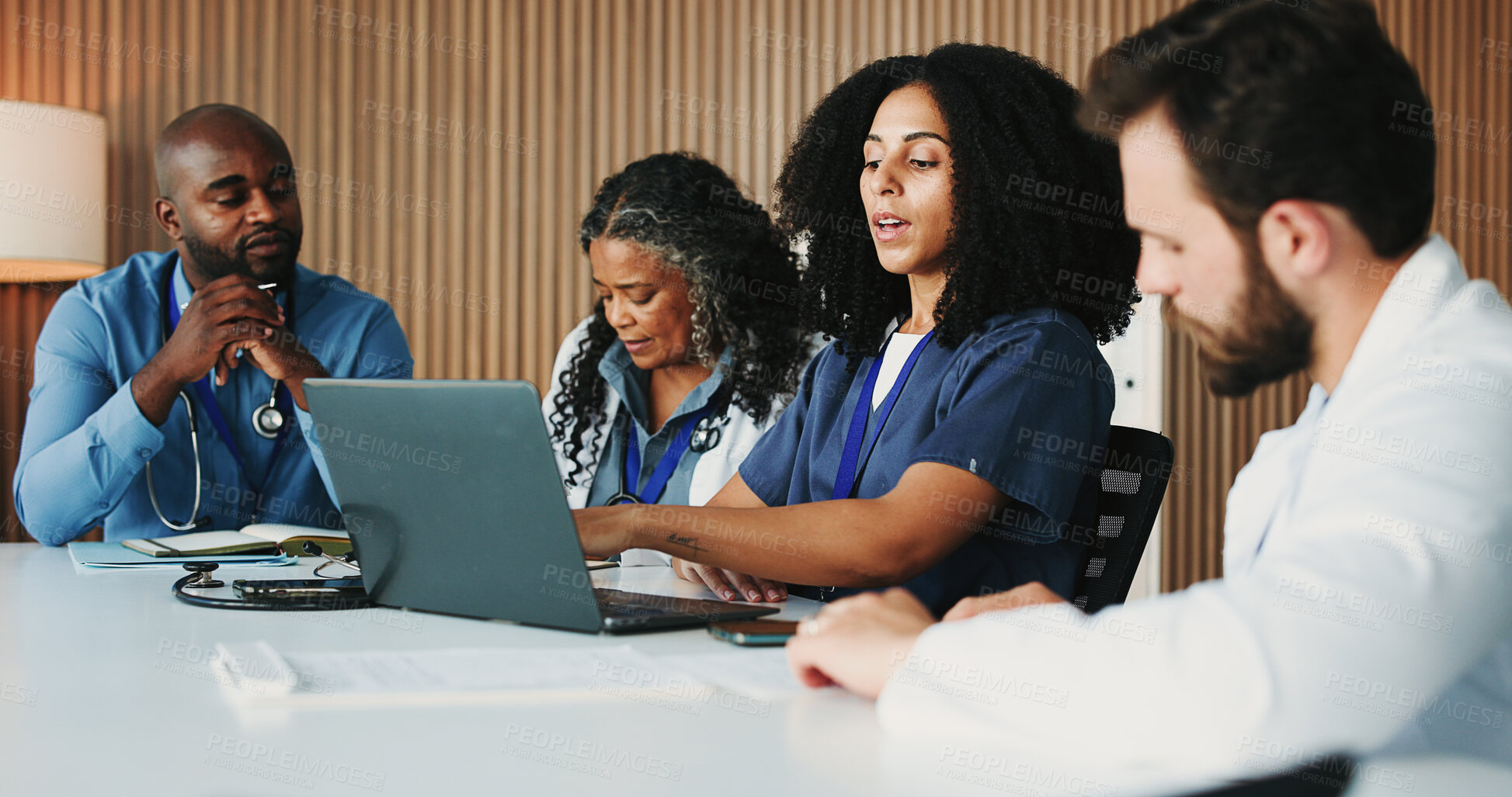 Buy stock photo Medical, meeting or surgeon in office with laptop, team insight or patient review for treatment plan. Healthcare, people or doctors with tech, collaboration or client diagnosis for hospital report.