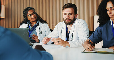 Buy stock photo Medical, team or doctors in hospital with meeting, group insight or patient review for treatment plan. Healthcare, people or surgeons with collaboration, client diagnosis or feedback in post surgery