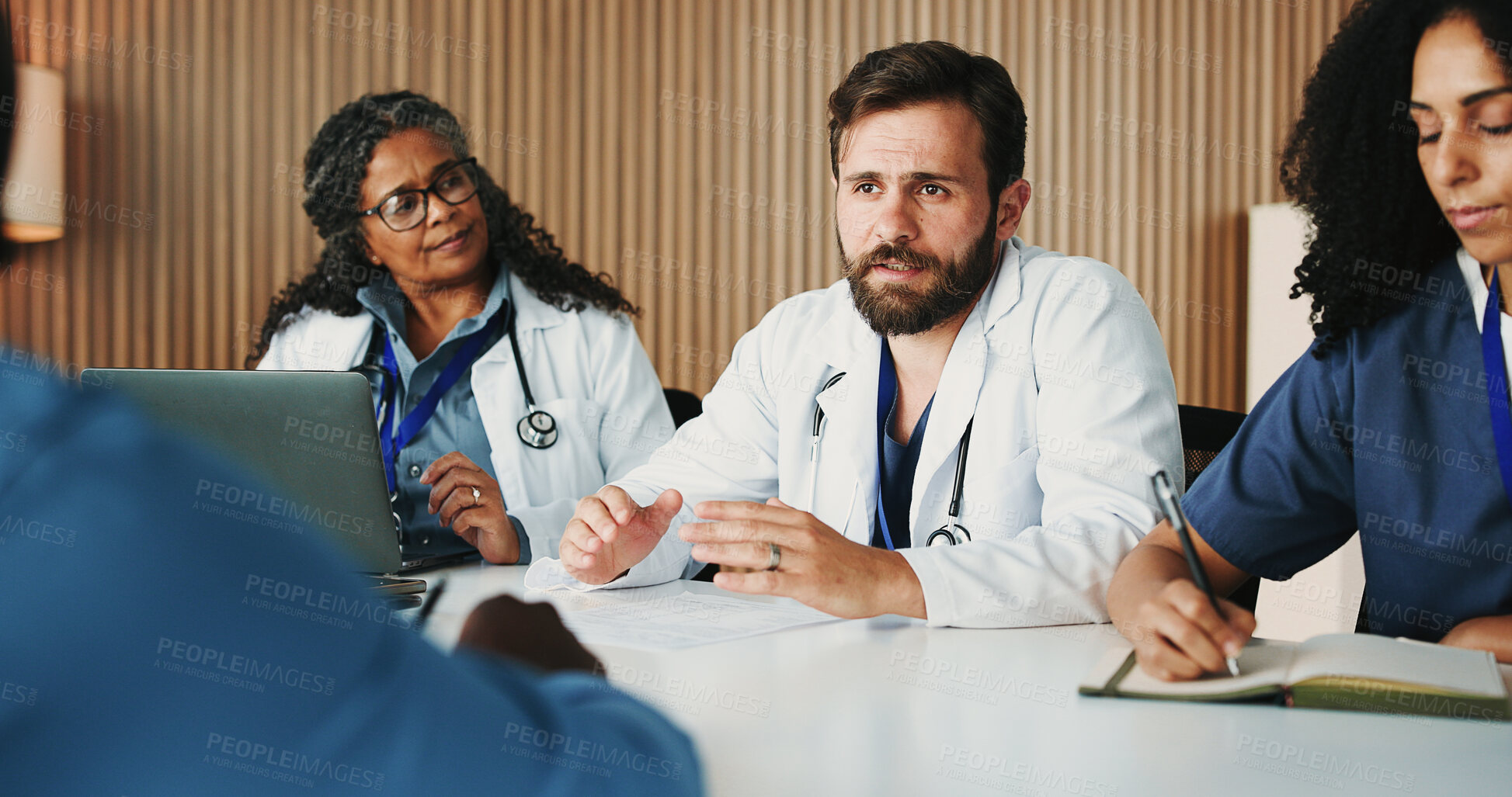 Buy stock photo Medical, team or doctors in hospital with meeting, group insight or patient review for treatment plan. Healthcare, people or surgeons with collaboration, client diagnosis or feedback in post surgery