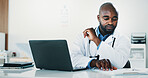 Doctor, black man and document in office with laptop for health insurance, patient diagnosis and report. Healthcare worker, person and paperwork in clinic with computer, medical aid info or research.