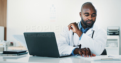 Buy stock photo Doctor, black man and document in office with laptop for health insurance, patient diagnosis and report. Healthcare worker, person and paperwork in clinic with computer, medical aid info or research.
