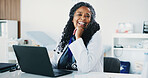 Smile, mature woman and portrait of doctor with laptop for medical, healthcare or admin in office. Cardiologist, black person and tech with clinic schedule, telehealth or research for service