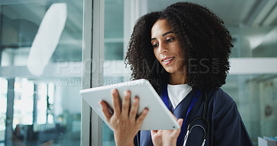 Buy stock photo Medical, smile or doctor in hospital with tablet, agenda check or patient review in online consulting. Healthcare, digital or woman with tech, telehealth or surgery schedule in treatment plan.