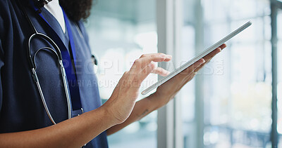 Buy stock photo Doctor, hands or tablet in hospital for healthcare, virtual consulting or digital patient prescription. Telehealth app, medical resources or physician with diagnostic info research, person or tech