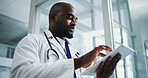 Black man, doctor and scroll with tablet in hospital for research, medical report and test results. Below, male person and digital with healthcare information, treatment planning and surgery feedback