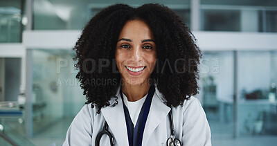 Buy stock photo Happy, professional and portrait of doctor in hospital with confidence for healthcare career. Smile, medical service and female surgeon with pride for support or expert help in lobby at clinic.