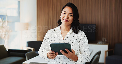 Buy stock photo Tablet, thinking and businesswoman in office with research for finance report with budget review. Digital technology, ideas and financial manager with email for investment proposal in workplace.