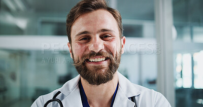 Buy stock photo Happy, professional and portrait of doctor in clinic with confidence for healthcare career. Smile, medical service and female surgeon with pride for support or expert help in lobby at hospital.