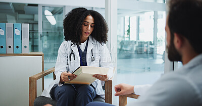 Buy stock photo Meeting, doctors or people in office with folder for medical discussion, patient results and review. Healthcare team, talking or collaboration in clinic with paperwork, insurance or diagnosis report.