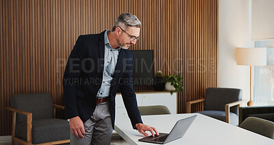 Buy stock photo Laptop, office and mature business man for research, finance report and company revenue. Financial advisor, corporate and person on computer for online proposal, investment review and budget planning