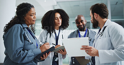 Buy stock photo Doctors, reading or people with notes in clinic, patient case review or learning new treatment procedure. Healthcare, team or physician group with medical journal for education, clipboard or writing